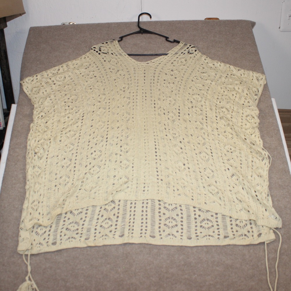 Boho Crochet Knit Poncho Top Cream Ivory V-Neck Tassel Tie Oversized Cover Up